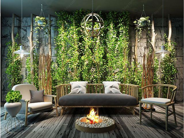 新中式沙发茶几植物墙组合3D模型