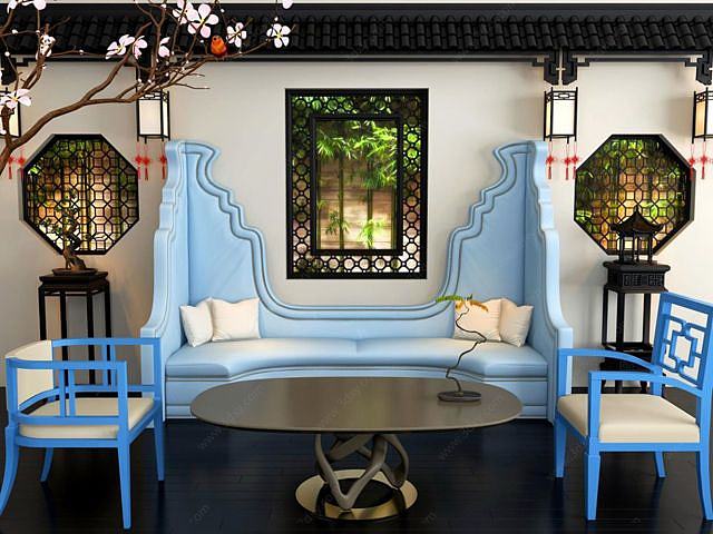 新中式蓝色沙发茶几组合3D模型