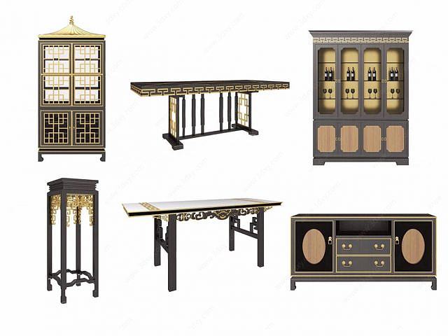 中式桌几酒柜组合3D模型