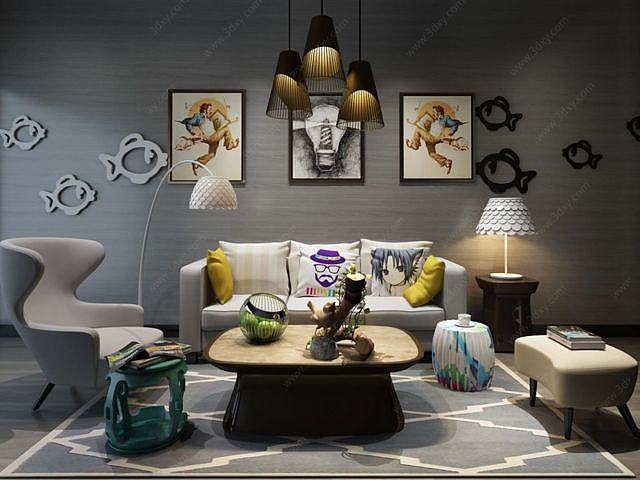 现代创意沙发墙饰品组合3D模型