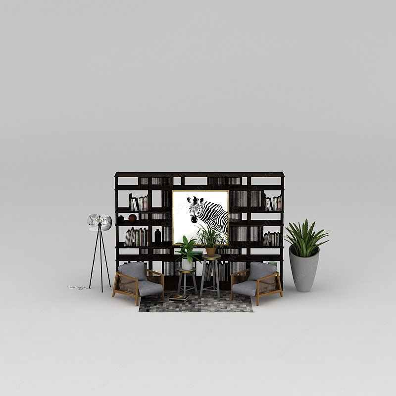书架休闲椅组合3D模型