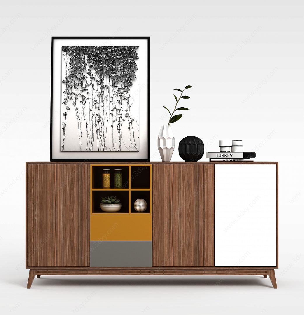 现代实木装饰柜挂画组合3D模型