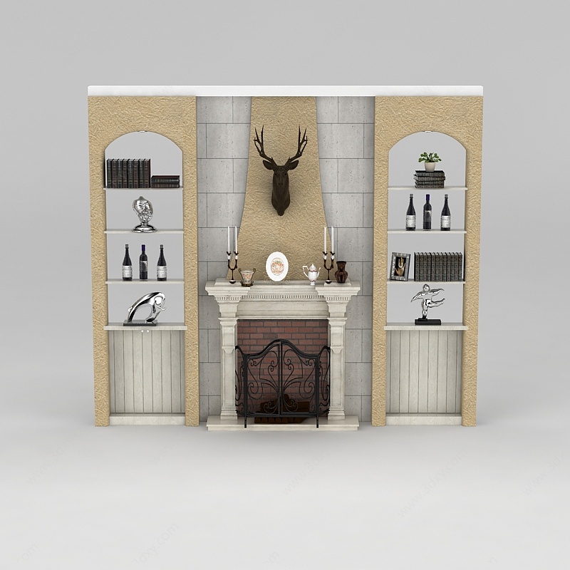 客厅壁炉置物架组合3D模型