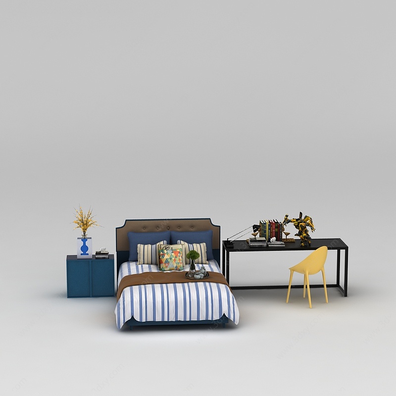 现代卧室床桌椅组合3D模型