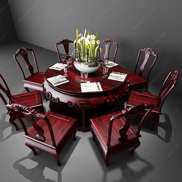 中式圆桌椅组合3D模型