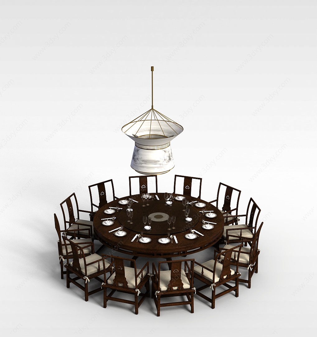 中式圆桌椅子吊灯组合3D模型