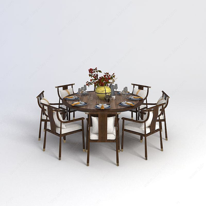 中式圆餐桌椅组合3D模型