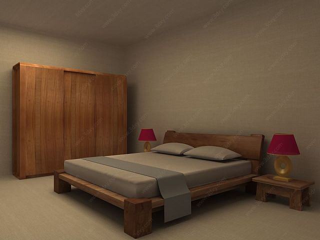 现代木质床具3D模型