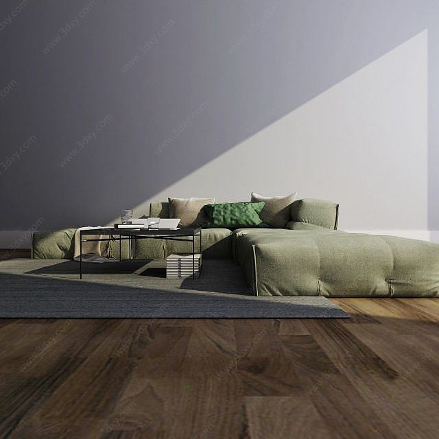 现代L型布艺沙发组合3D模型