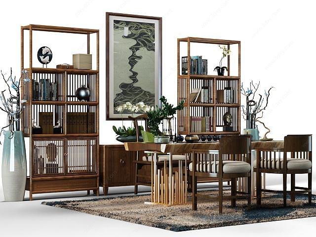 中式茶桌椅组合3D模型