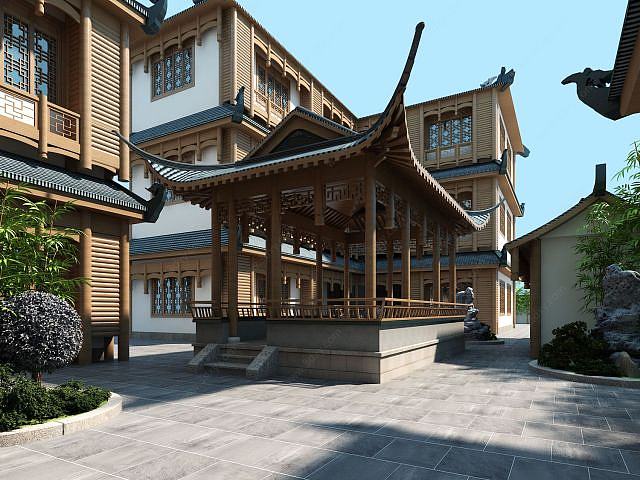 新中式客栈亭子建筑3D模型