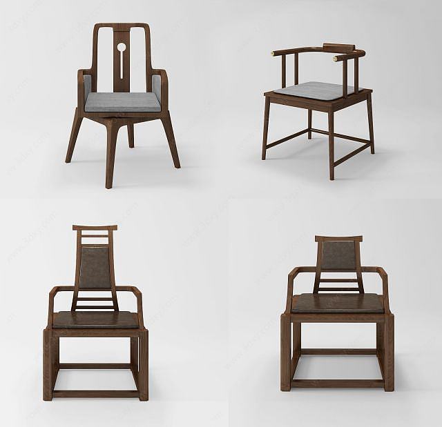 新中式实木椅组合3D模型