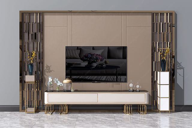 新中式电视背景墙电视柜3D模型