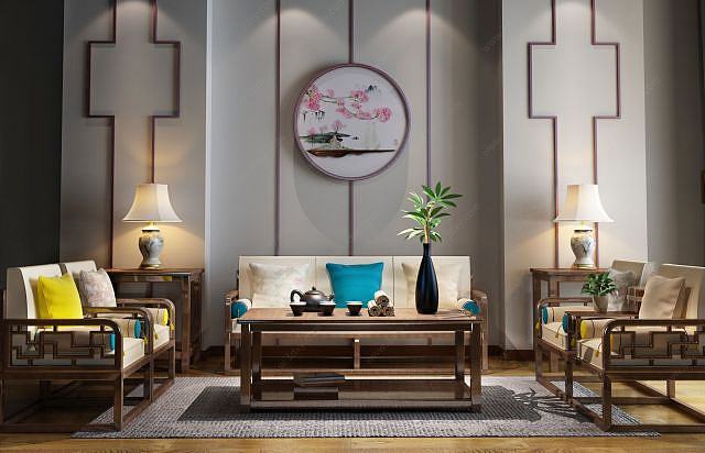 新中式禅意沙发组合3D模型