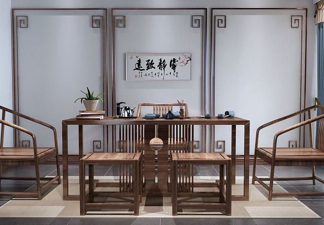 新中式实木茶桌椅组合3D模型