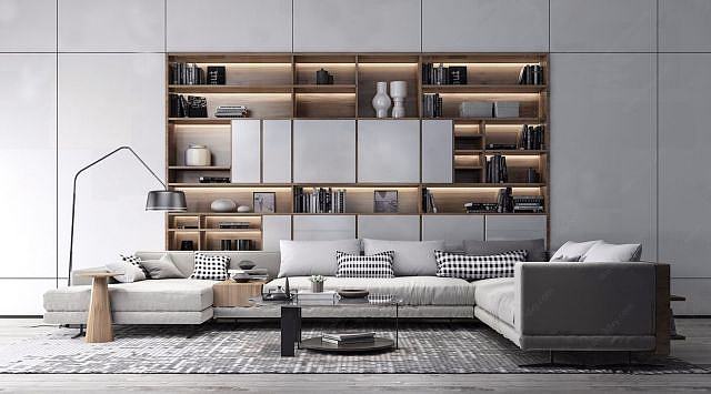 现代沙发书柜茶几组合3D模型