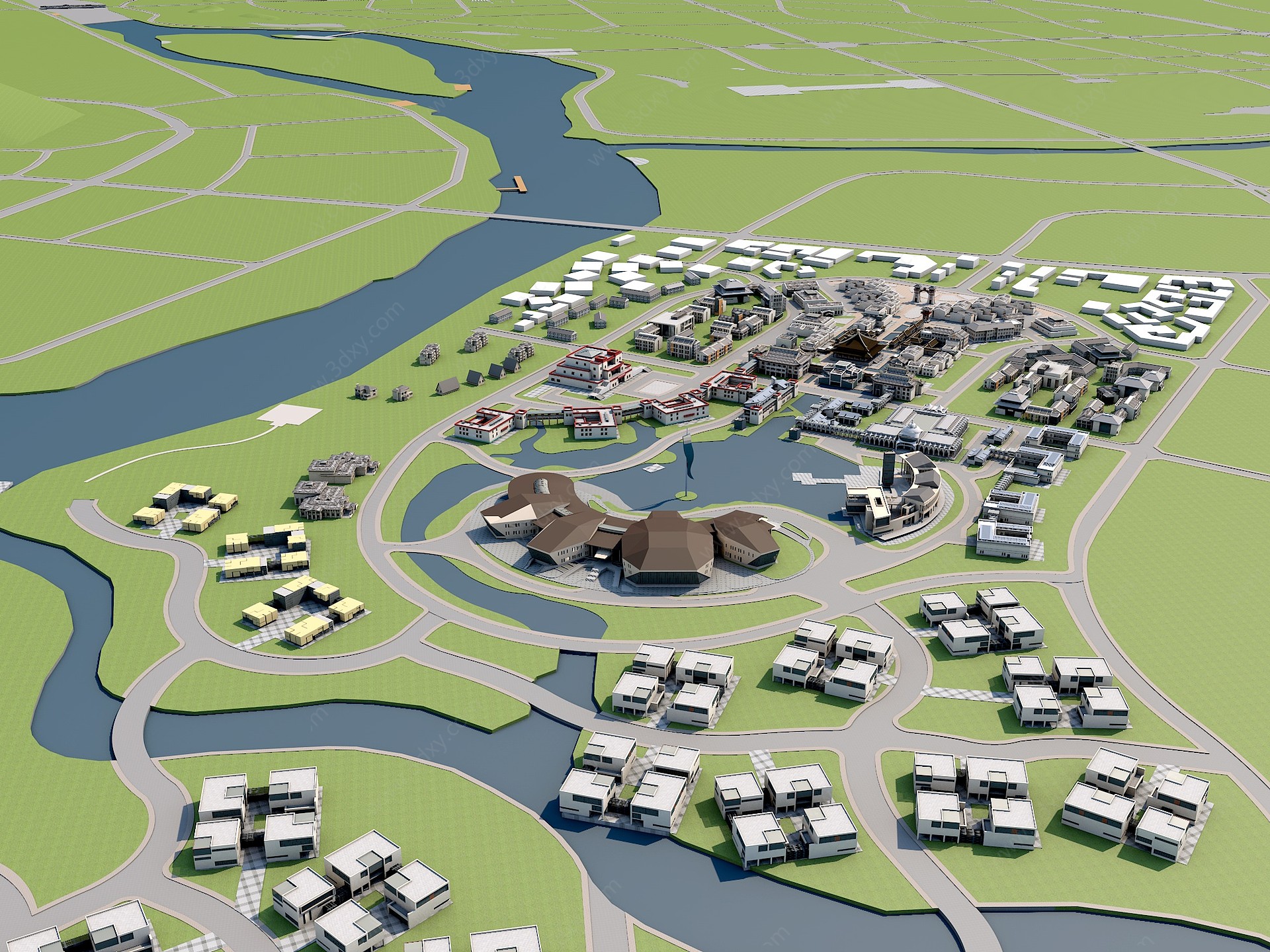 现代城市规划鸟瞰3D模型