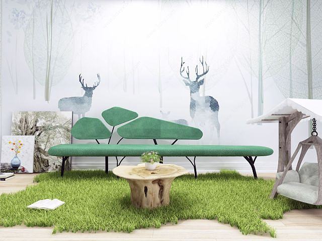 自然风绿色休闲沙发组合3D模型