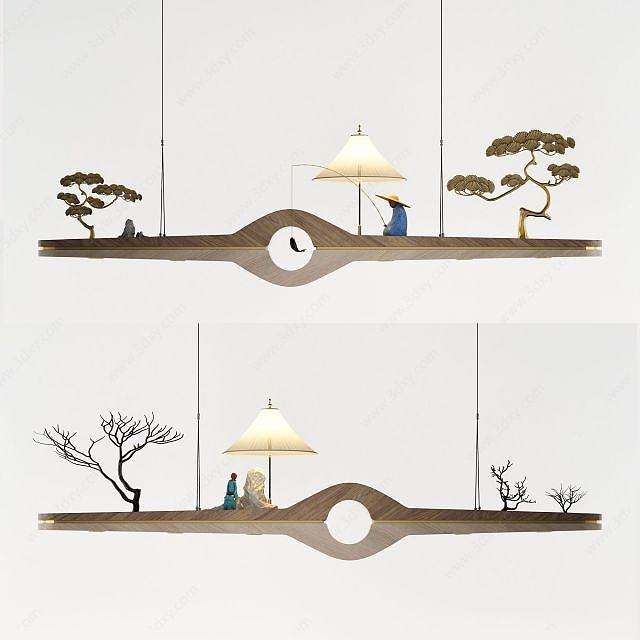 中式禅意实木吊灯3D模型
