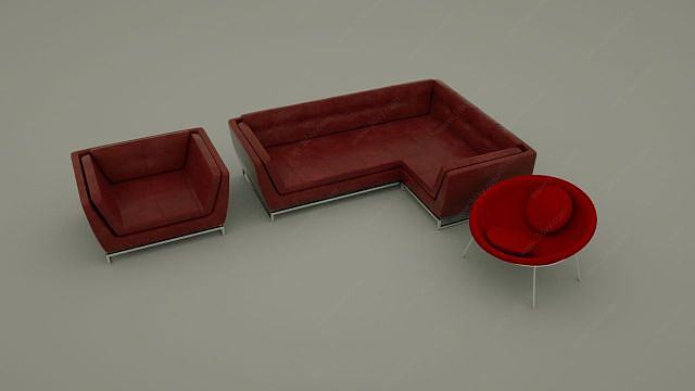 红色转角单人沙发组合3D模型