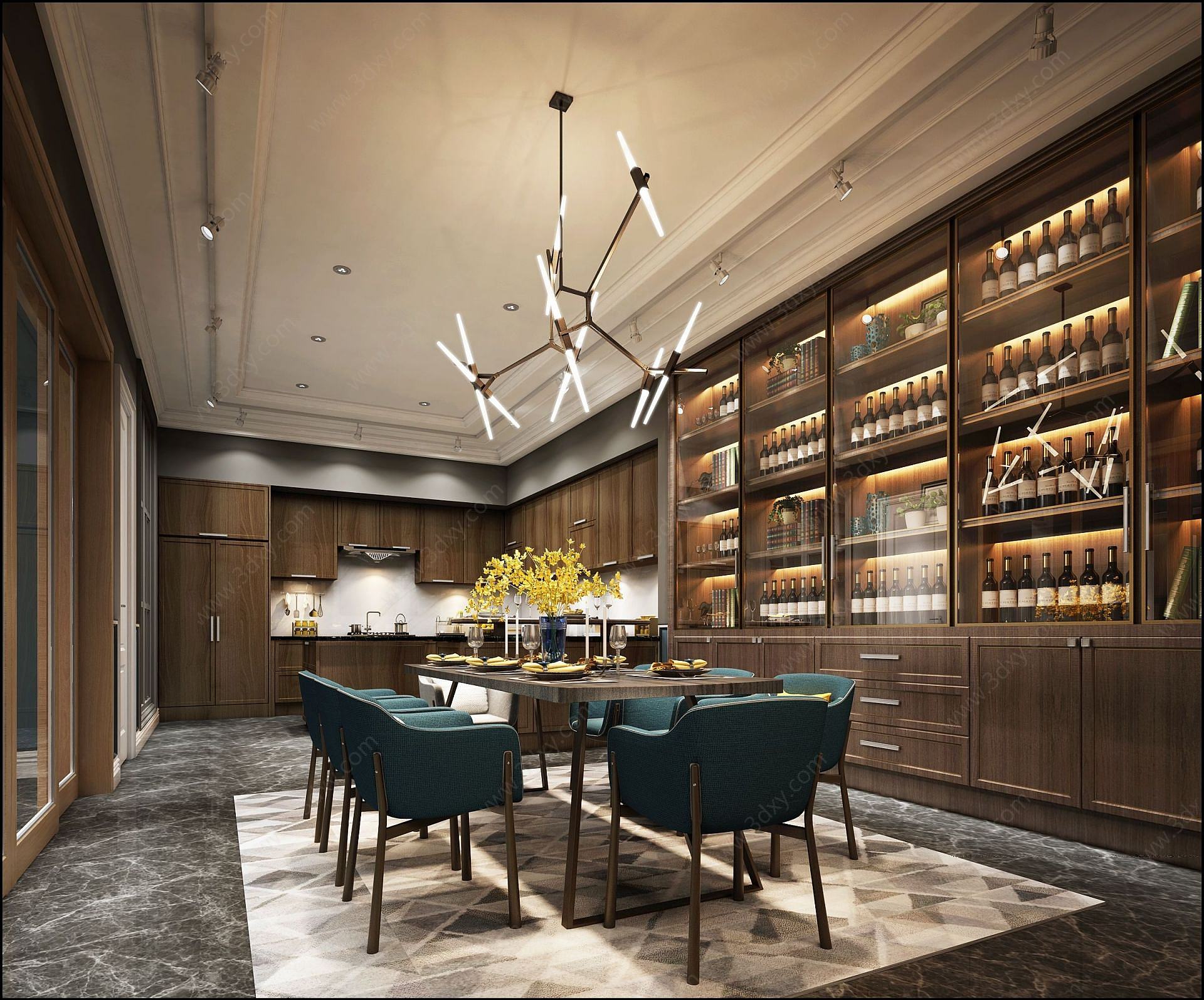 中西结合木色酒柜餐厅3D模型