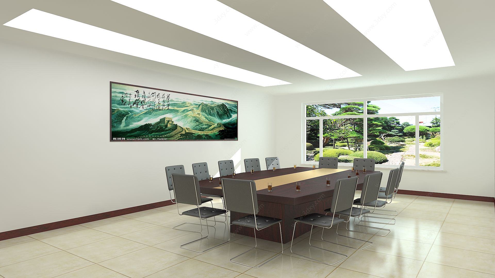 中式长城壁画会议室3D模型