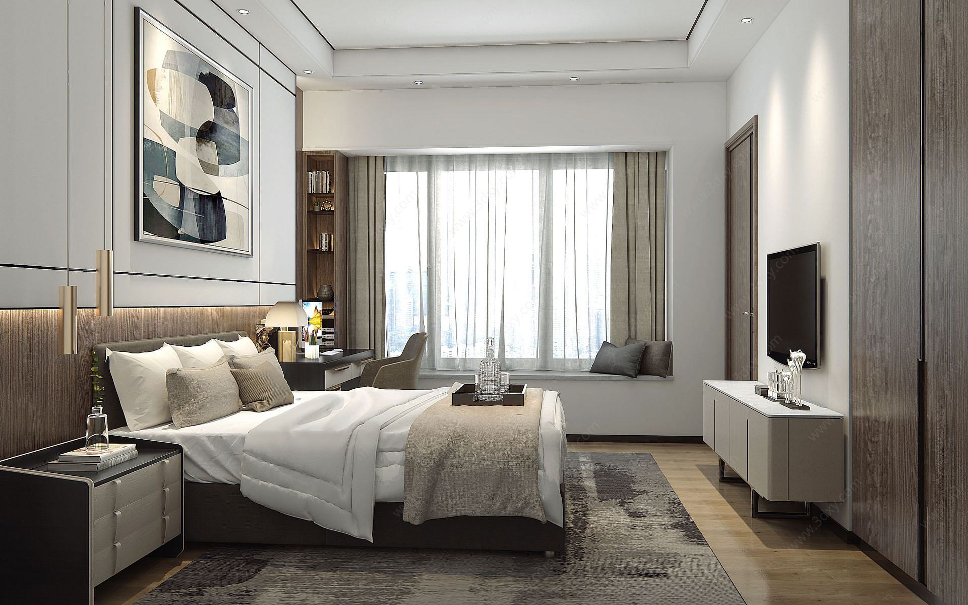现代简约素色单人卧室3D模型
