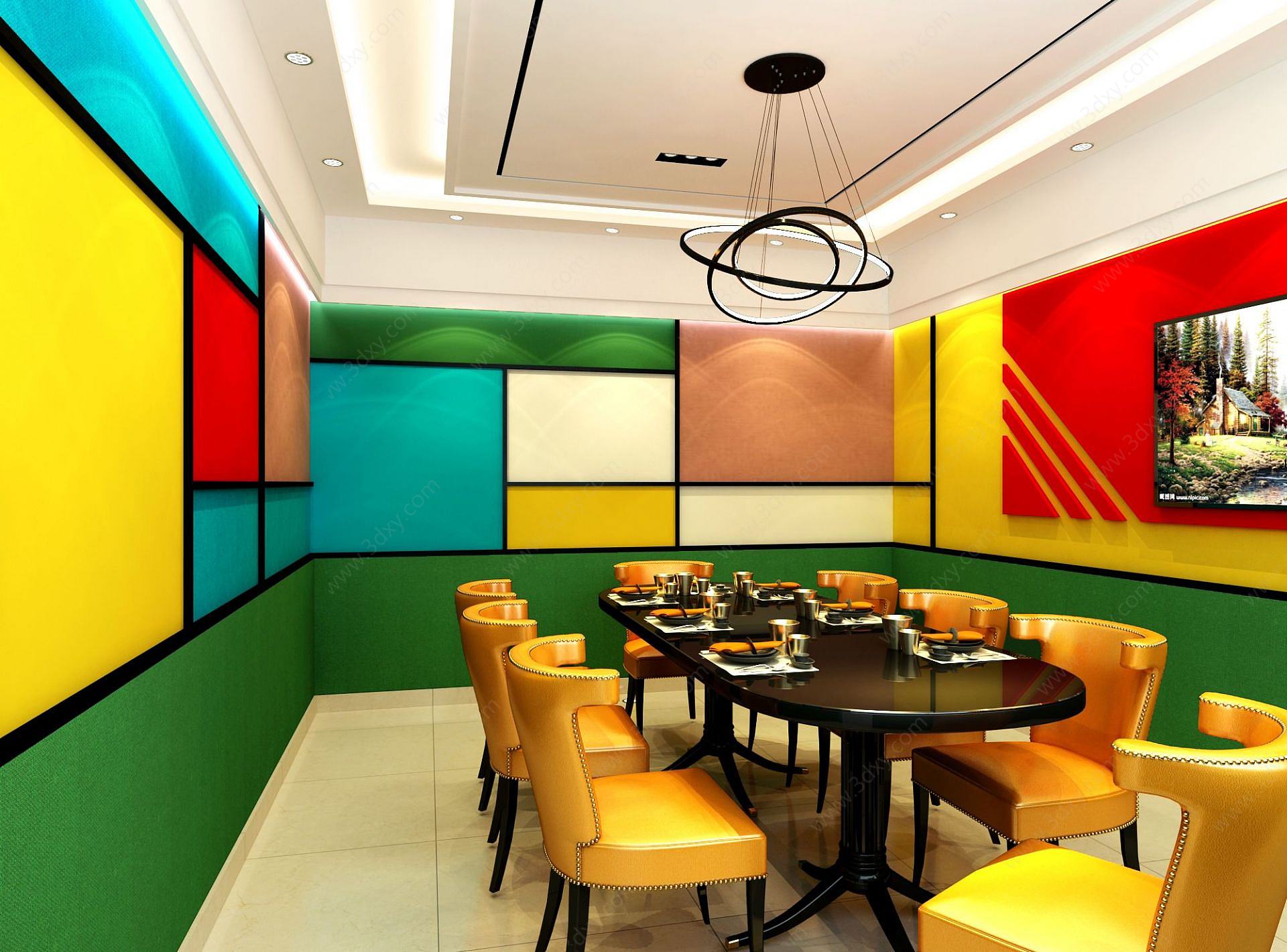 现代餐厅包间彩色方格墙面3D模型