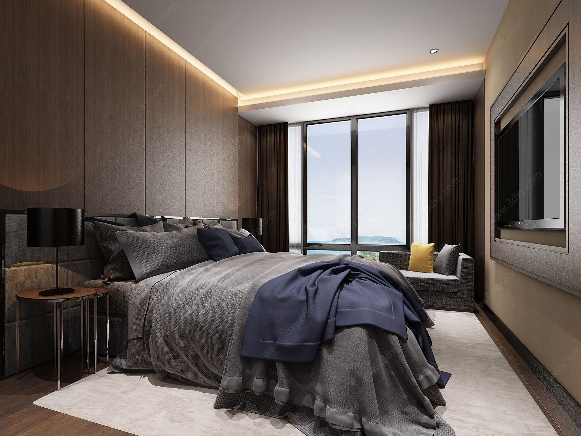 现代中式深棕色调卧室3D模型
