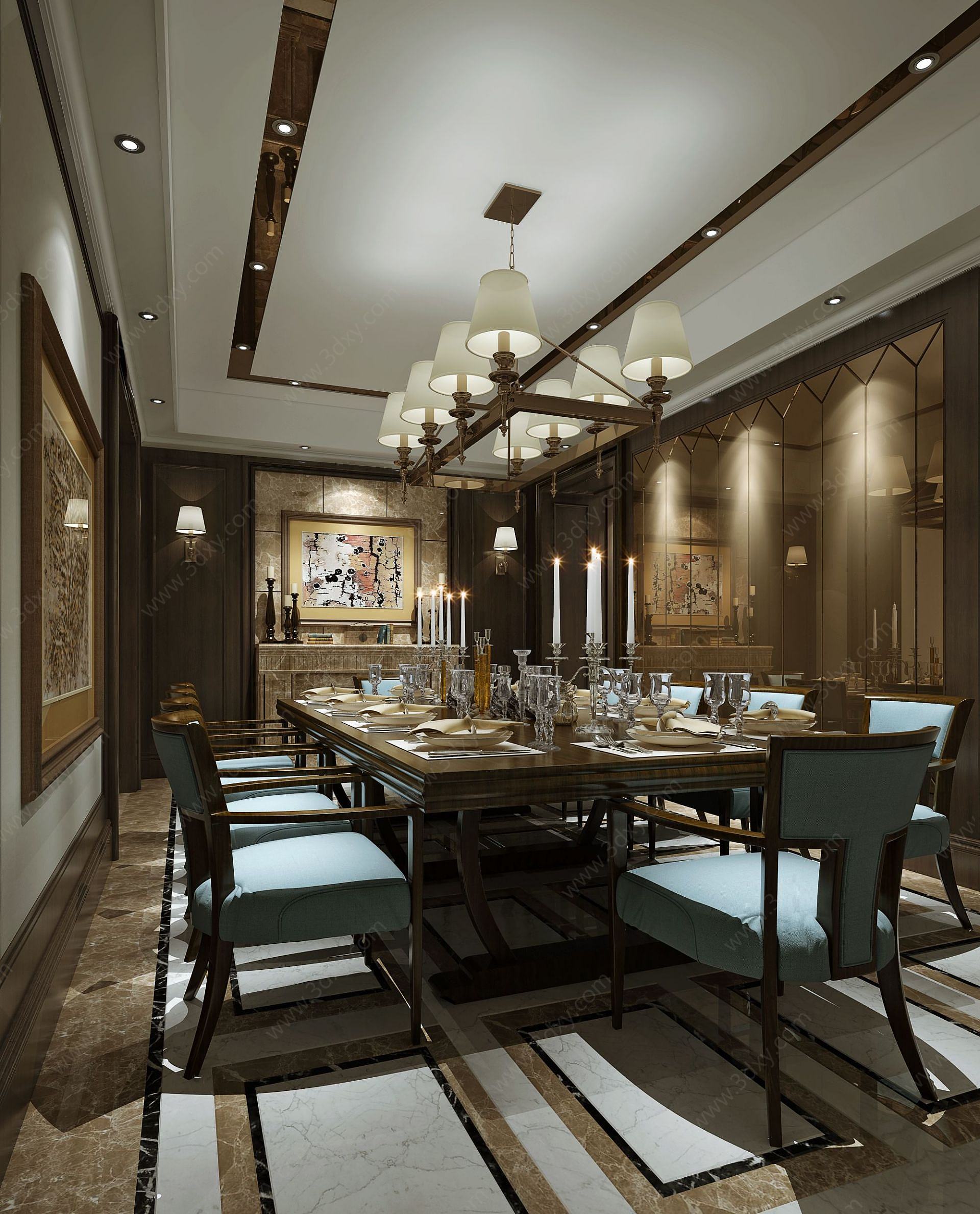 中式实木烛台餐桌餐厅3D模型