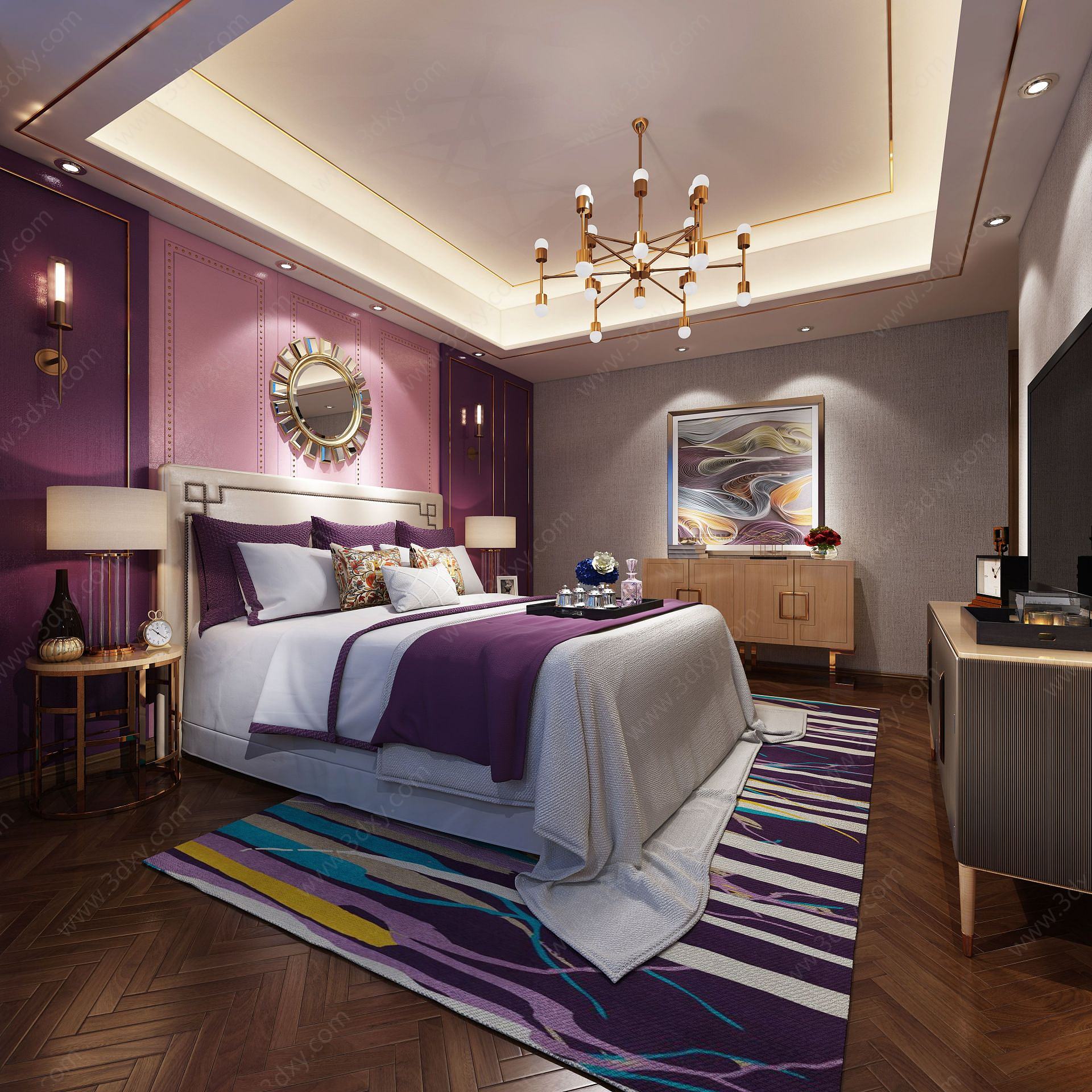 紫色调流线壁画现代卧室3D模型