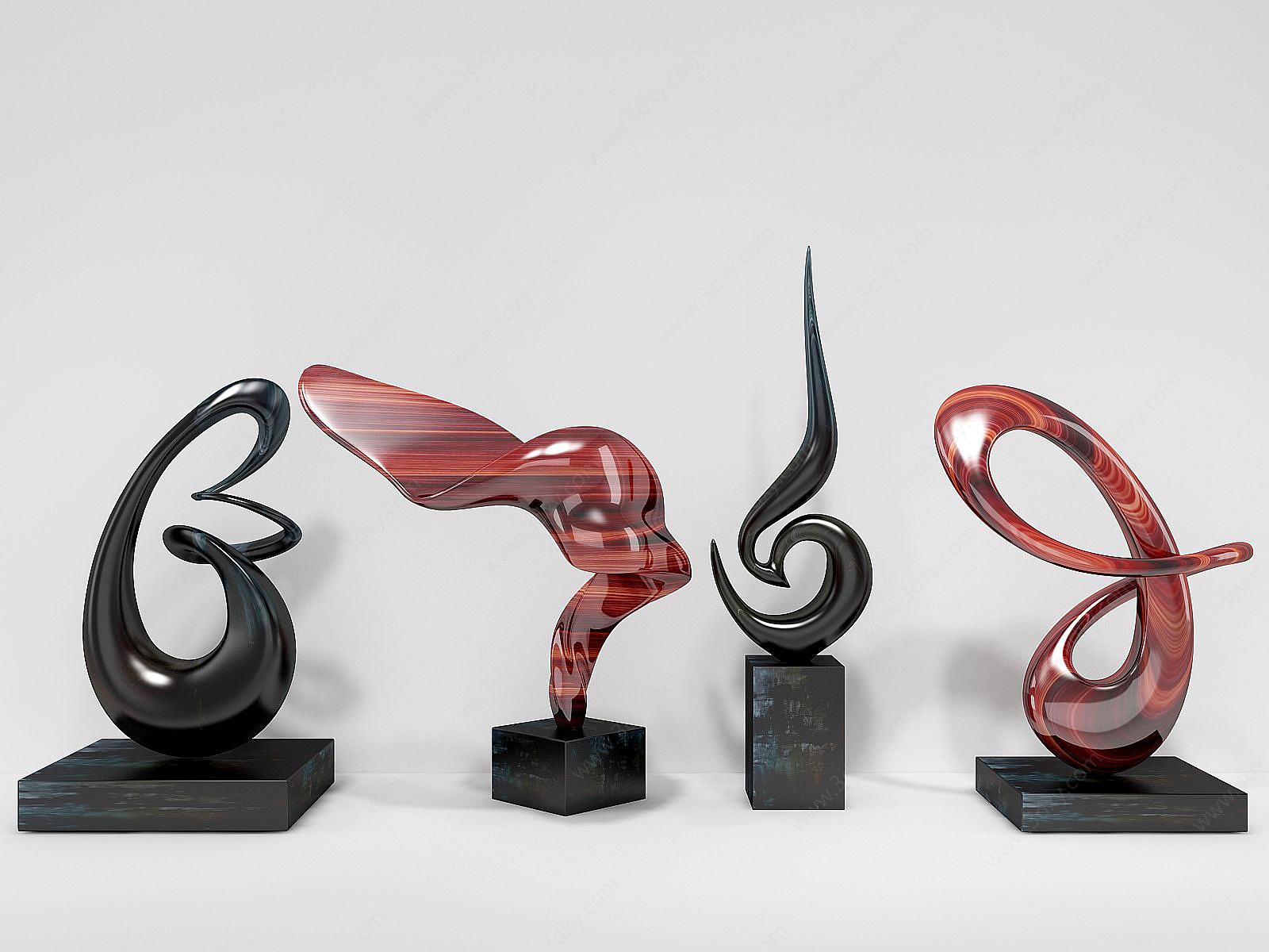 现代雕塑四组摆件3D模型
