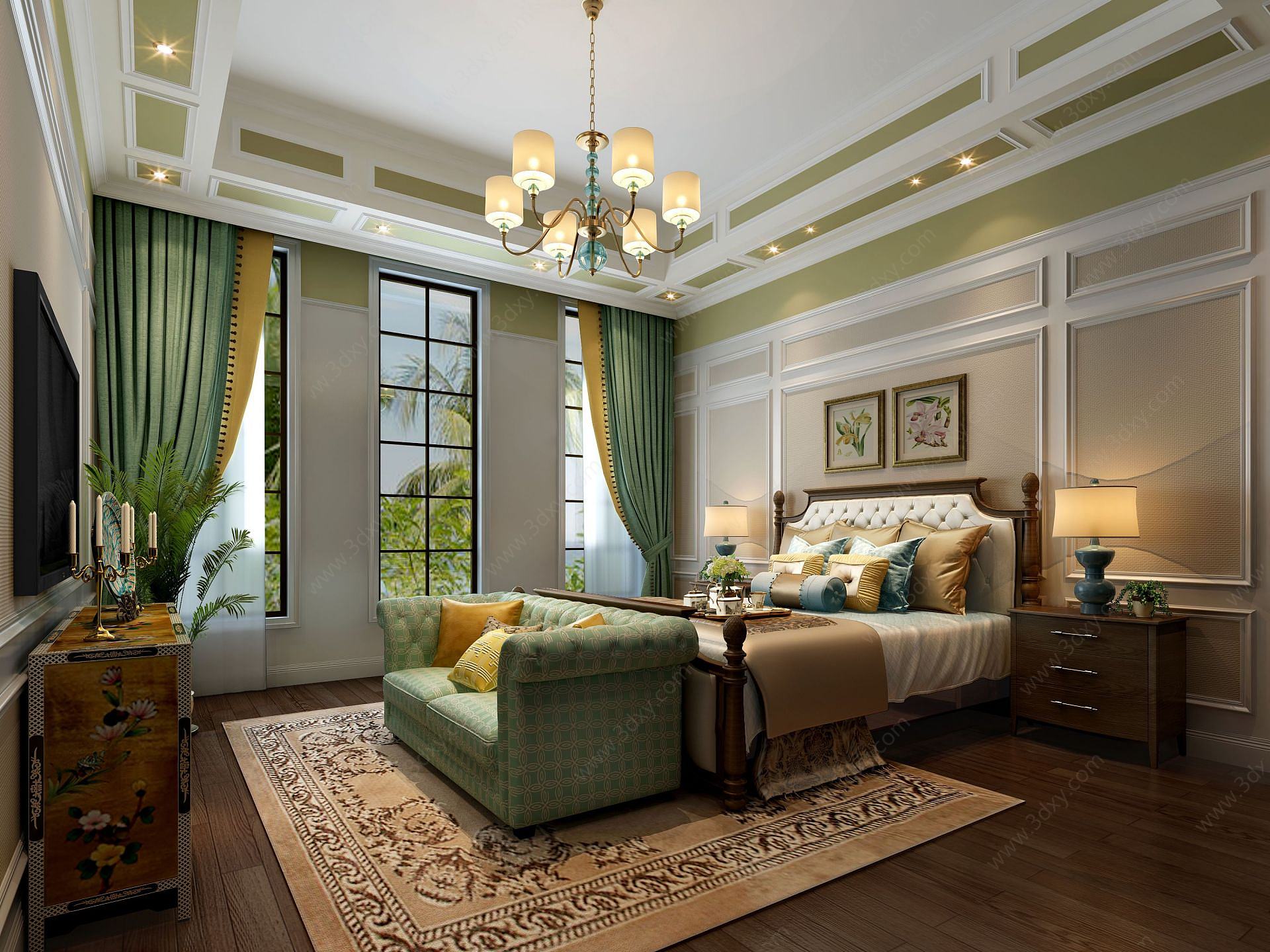 现代黄绿色典雅风格卧室3D模型