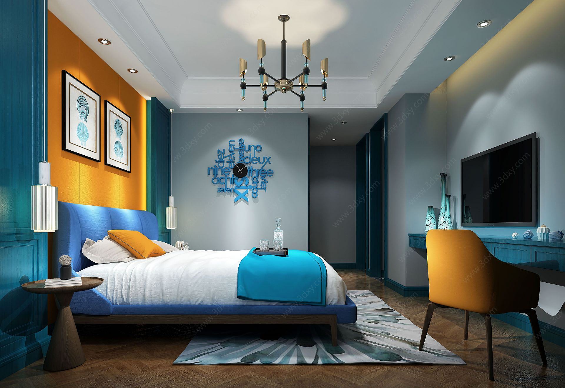 海洋蓝挂表主题现代卧室3D模型