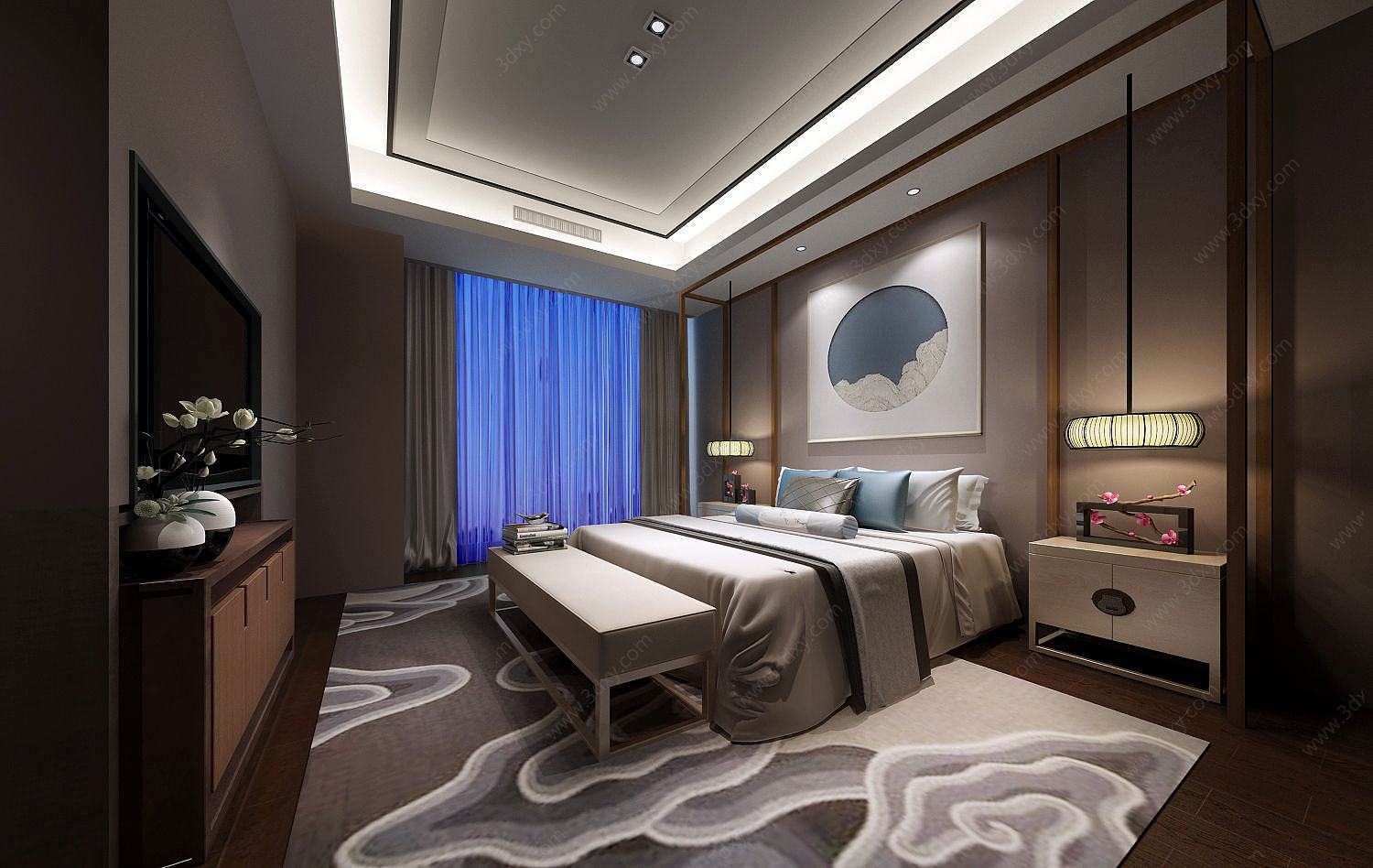 中式云朵式地毯壁画卧室3D模型