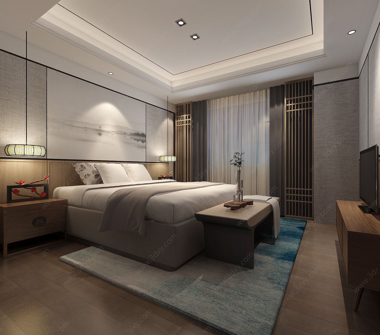 中式古木色床沙发组合卧室3D模型