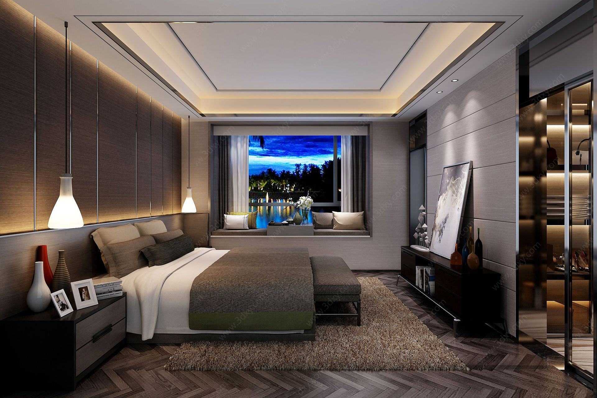 现代海景窗卧室3D模型