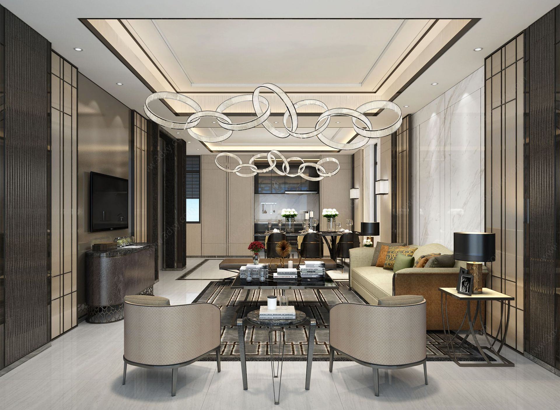 现代风格客厅七环设计吊灯3D模型