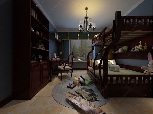 实木儿童高低层卧室3D模型