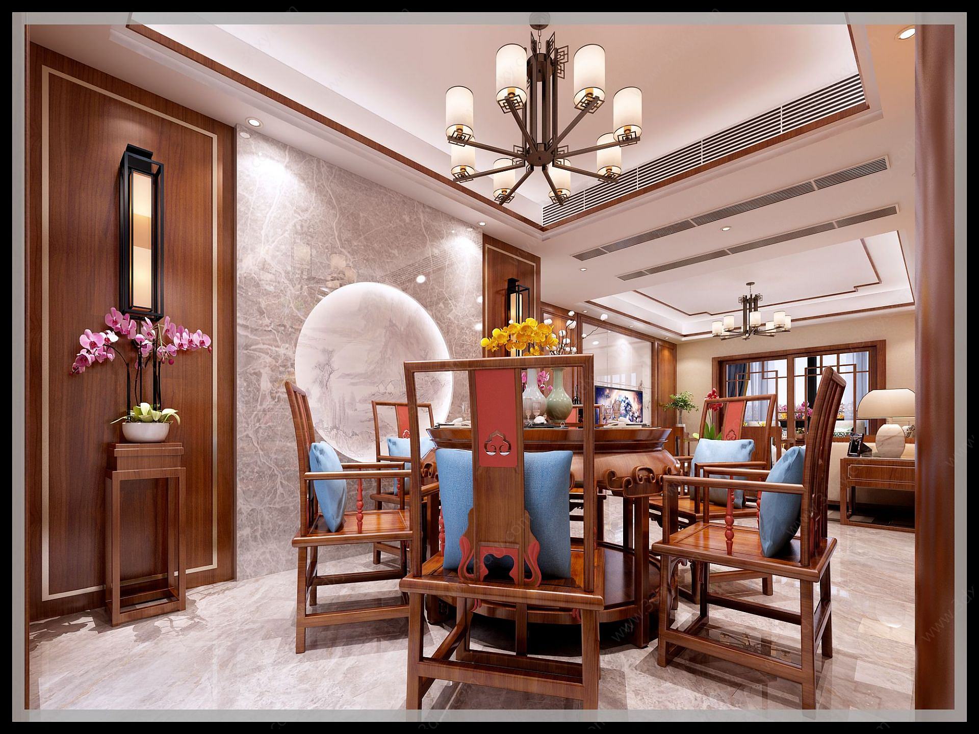 典型中式客厅餐厅茶座3D模型