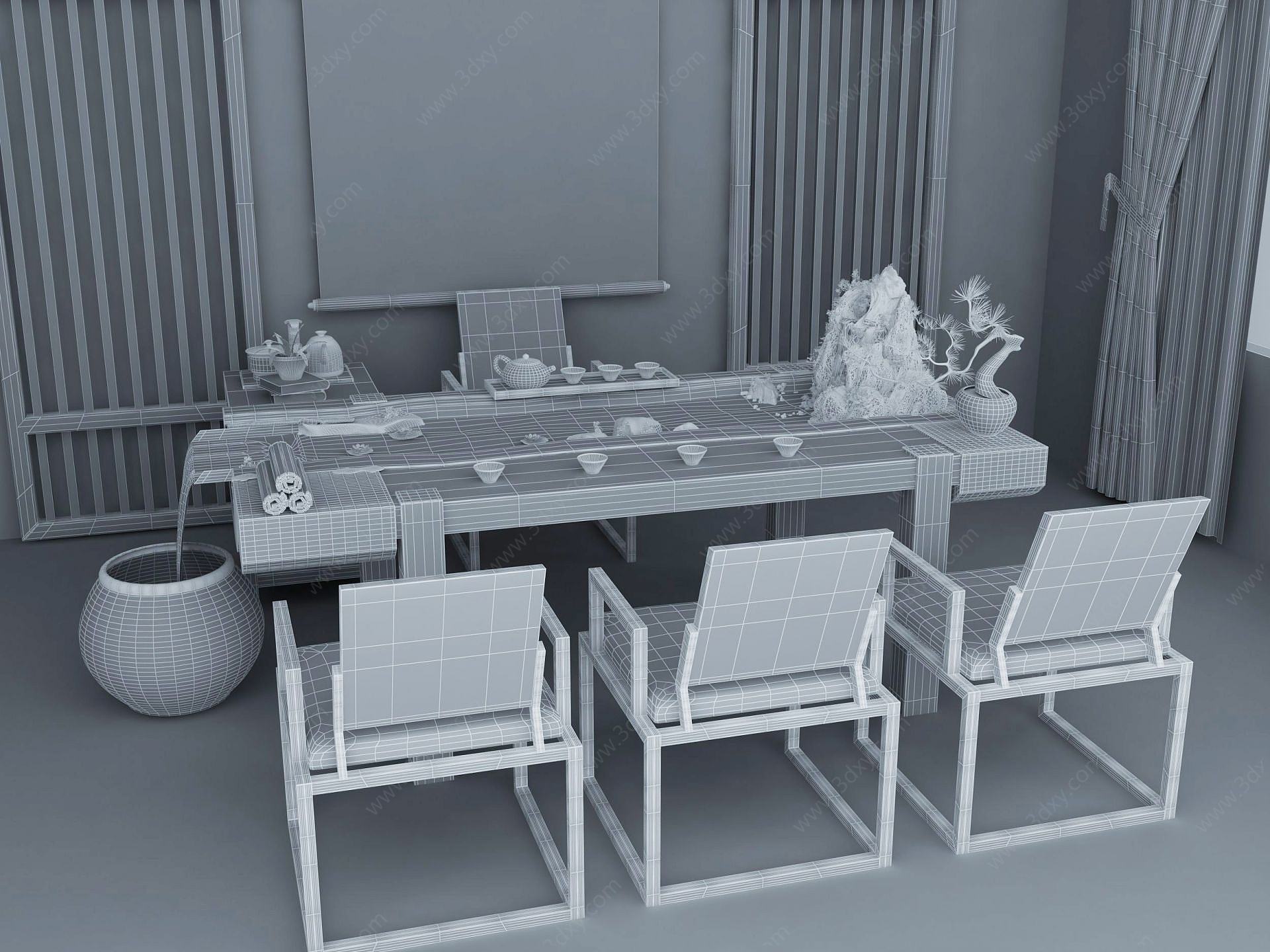 新中式流水茶桌组合3D模型
