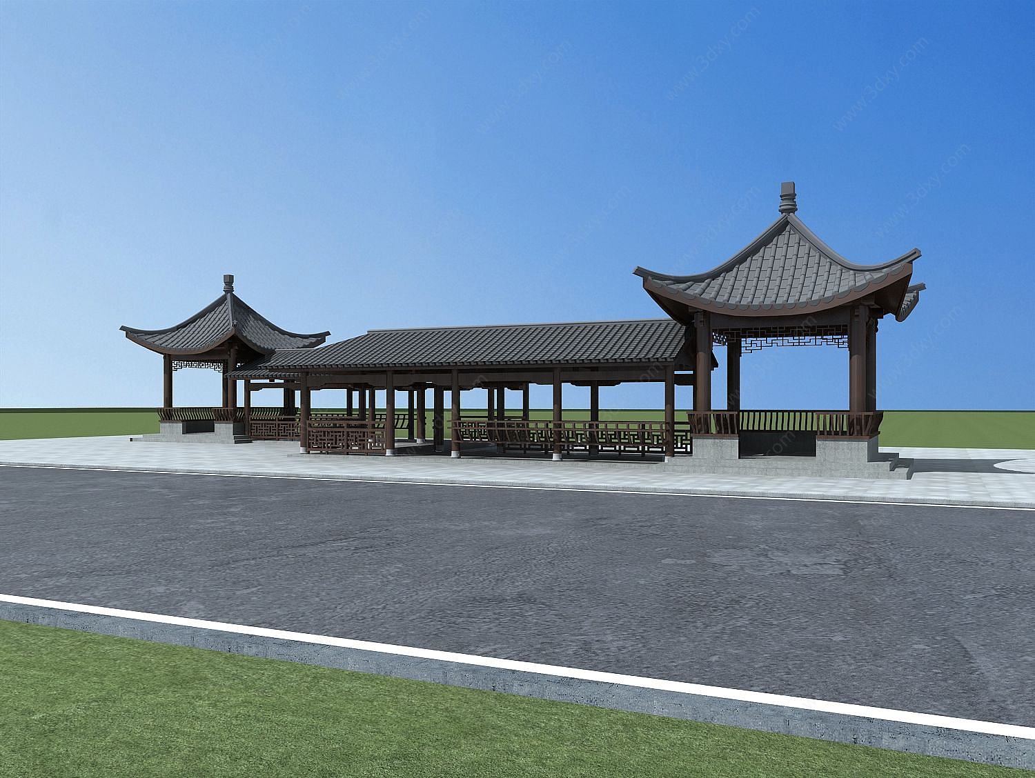 中式建筑廊亭3D模型