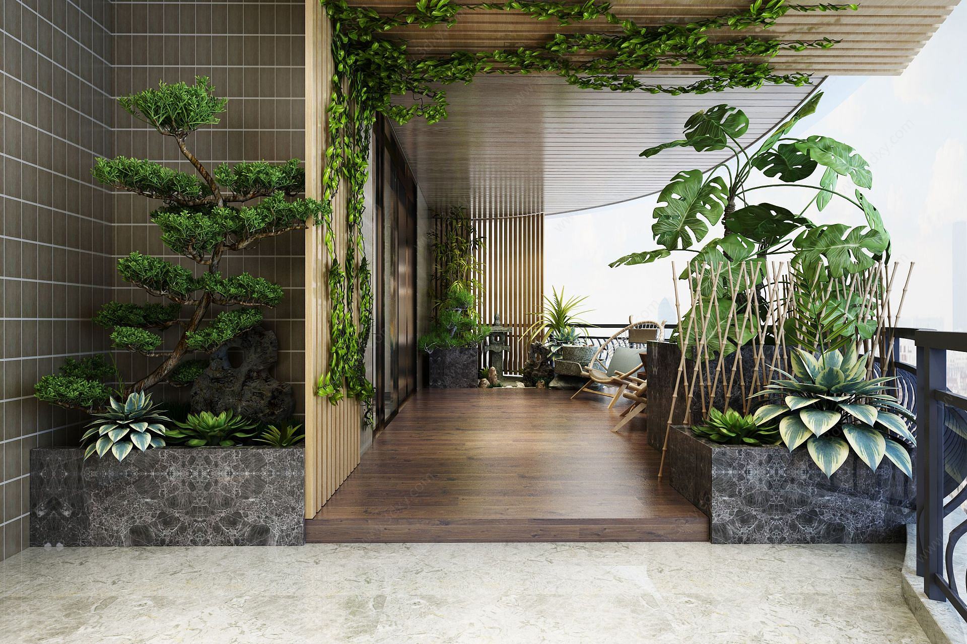 绿植观赏区茶室竹墙花藤3D模型