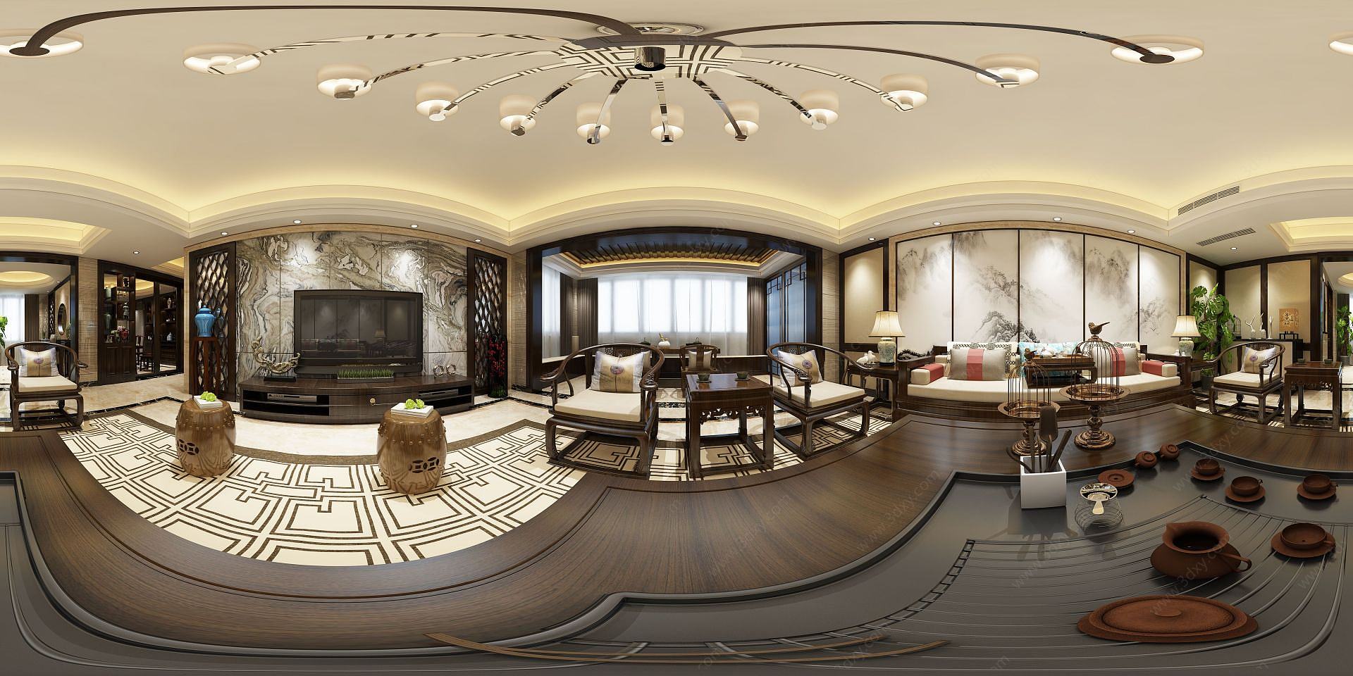 中式客厅长廊桌椅3D模型