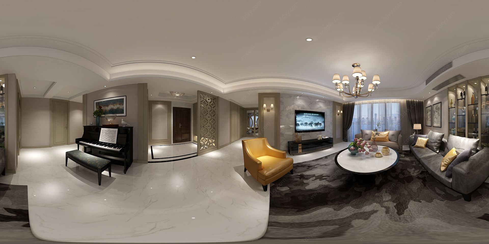 新古典风格客厅钢琴房3D模型