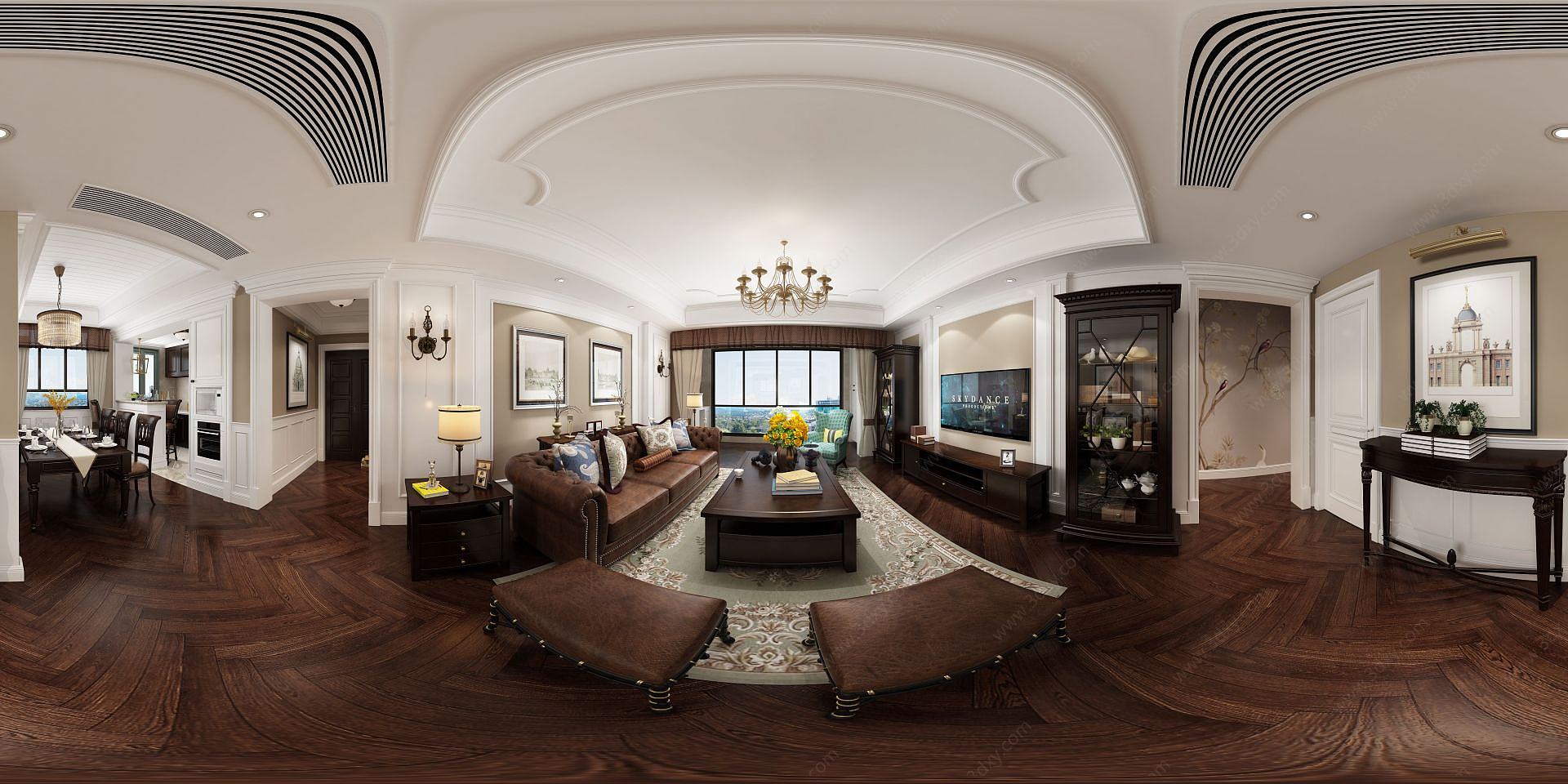 深棕色沙发地板主题客厅3D模型