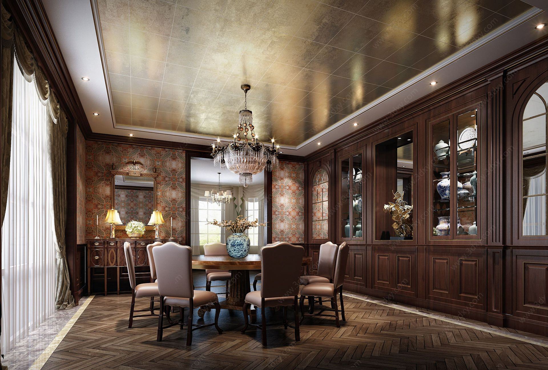 中式复古色餐厅酒柜3D模型
