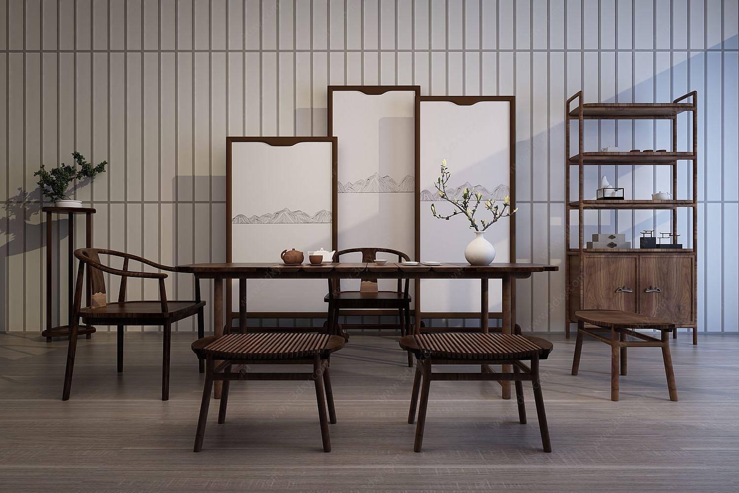 新中式餐桌椅组合3D模型