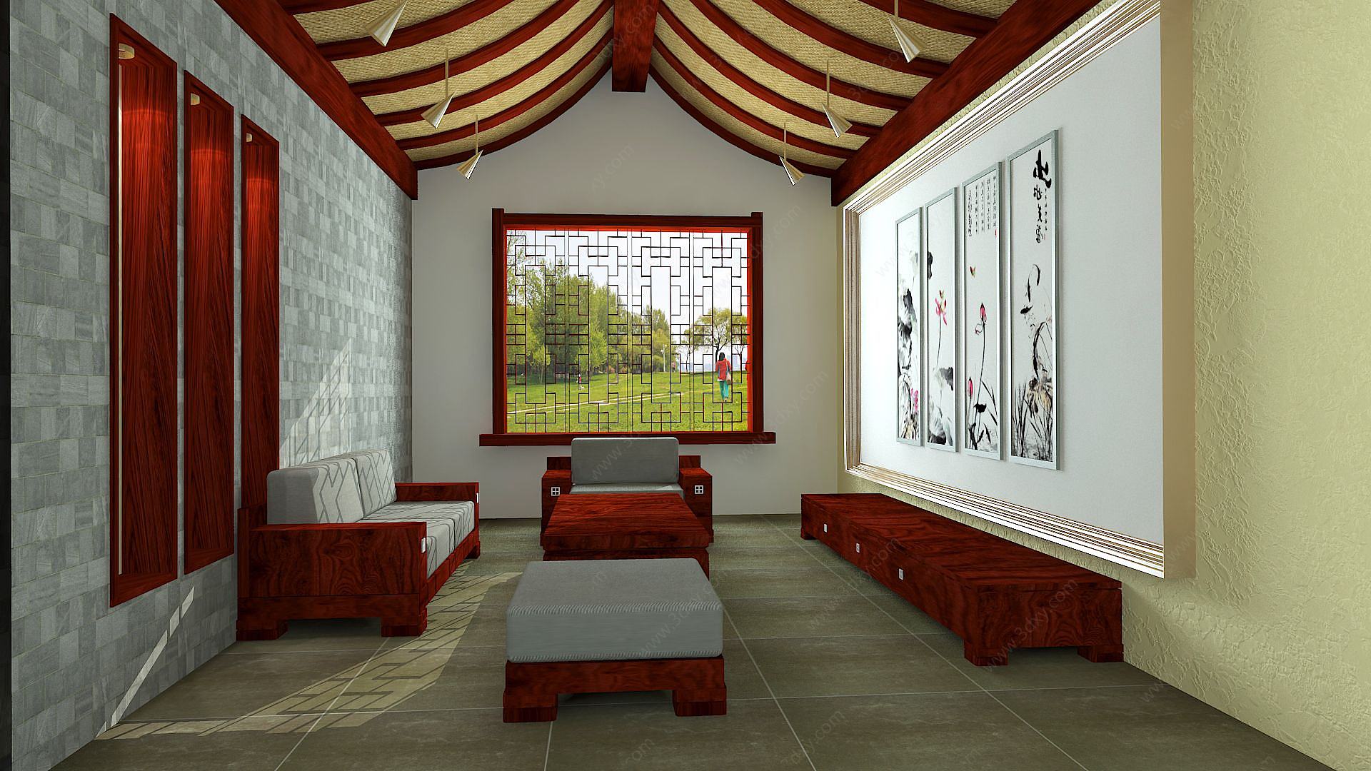 中式特色房屋沙发壁画3D模型