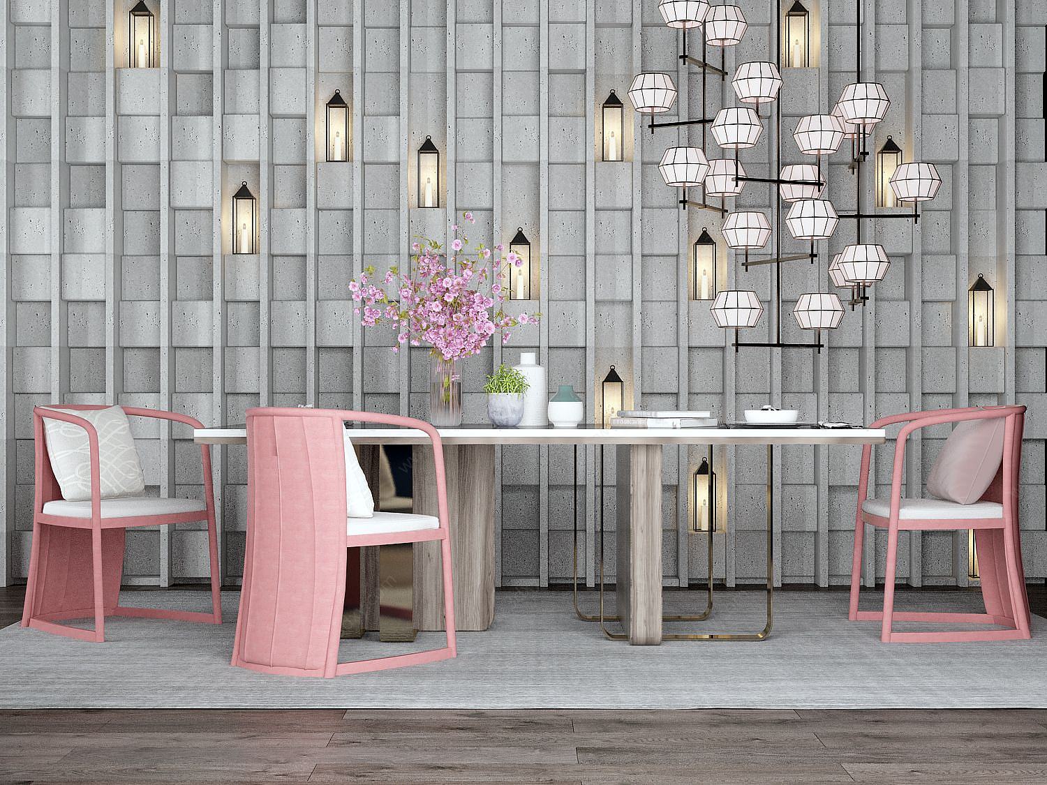 中式粉色餐桌组合3D模型